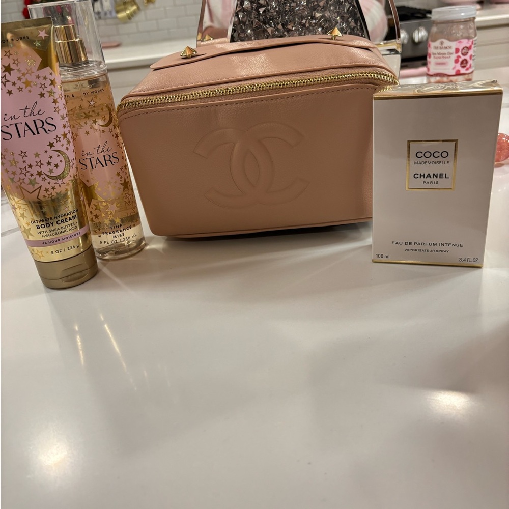 CHANEL Blush Pink Cosmetic Bag with Gold Details bundle
